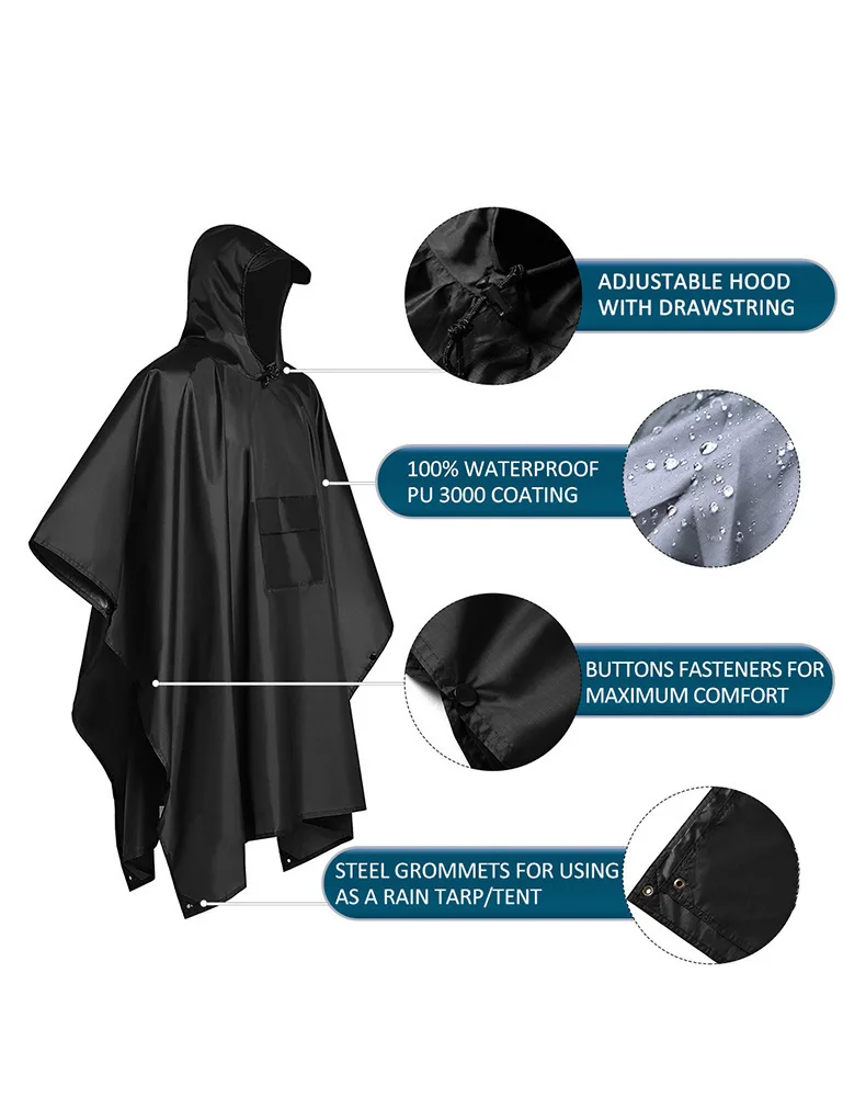 Emergency Poncho Rain - 2026 สำหรับการตั้งแคมป์และเดินป่า เสื้อกันฝนแบบมีฮู้ด 3-in-1 กันน้ำ พร้อมแขนเสื้อ